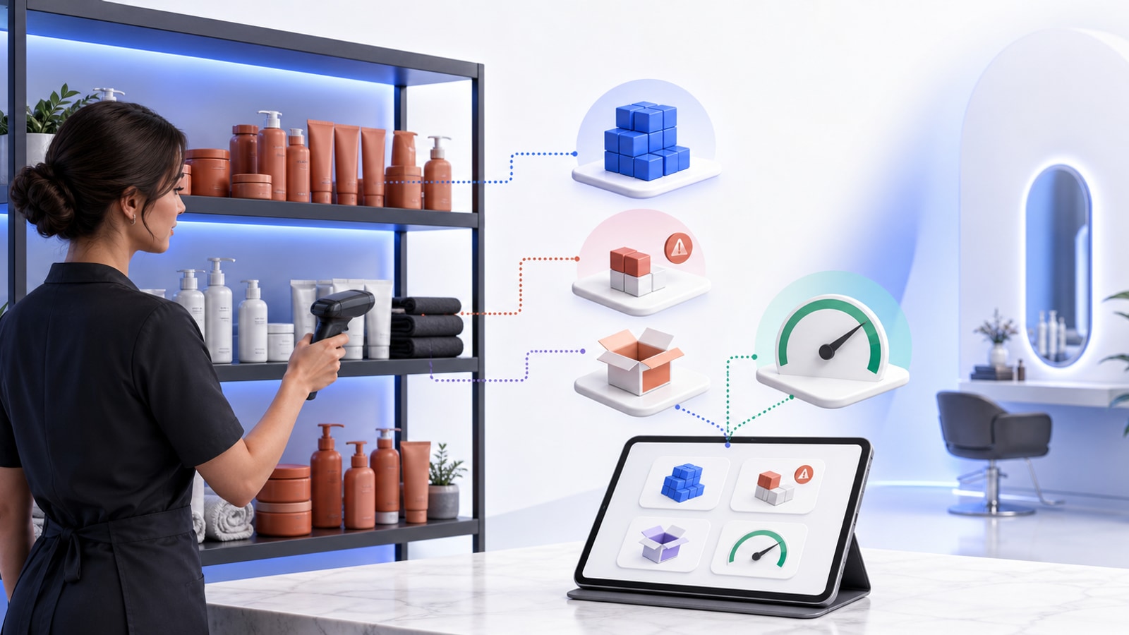 Encargada de salón controlando productos, faltantes y reposición desde una tablet
