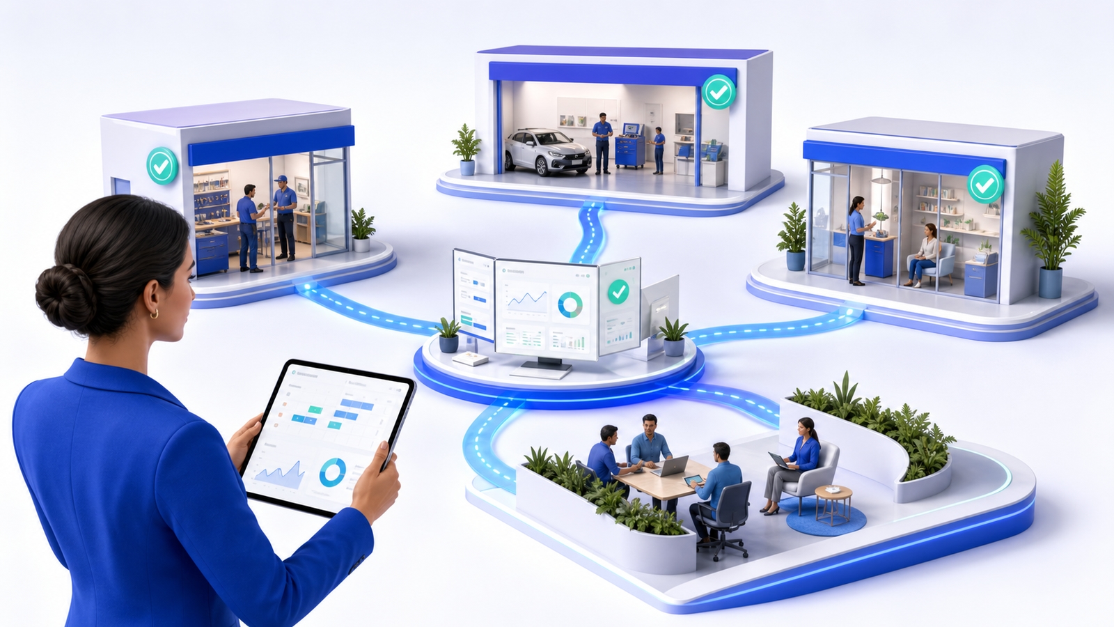 Gerente coordinando varias sucursales desde un panel central
