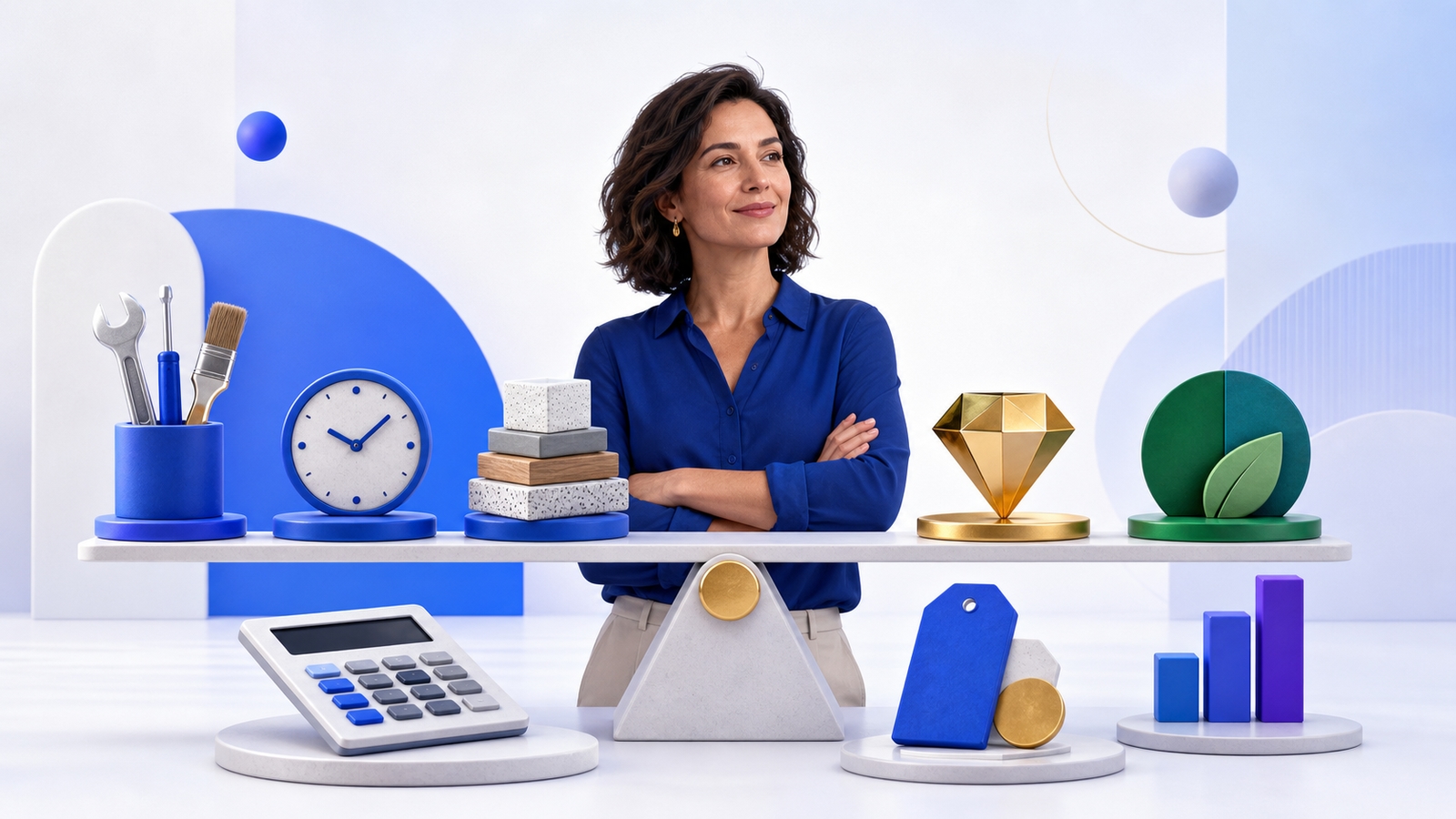 Dueña de negocio equilibrando costos, tiempo, valor y rentabilidad de sus servicios