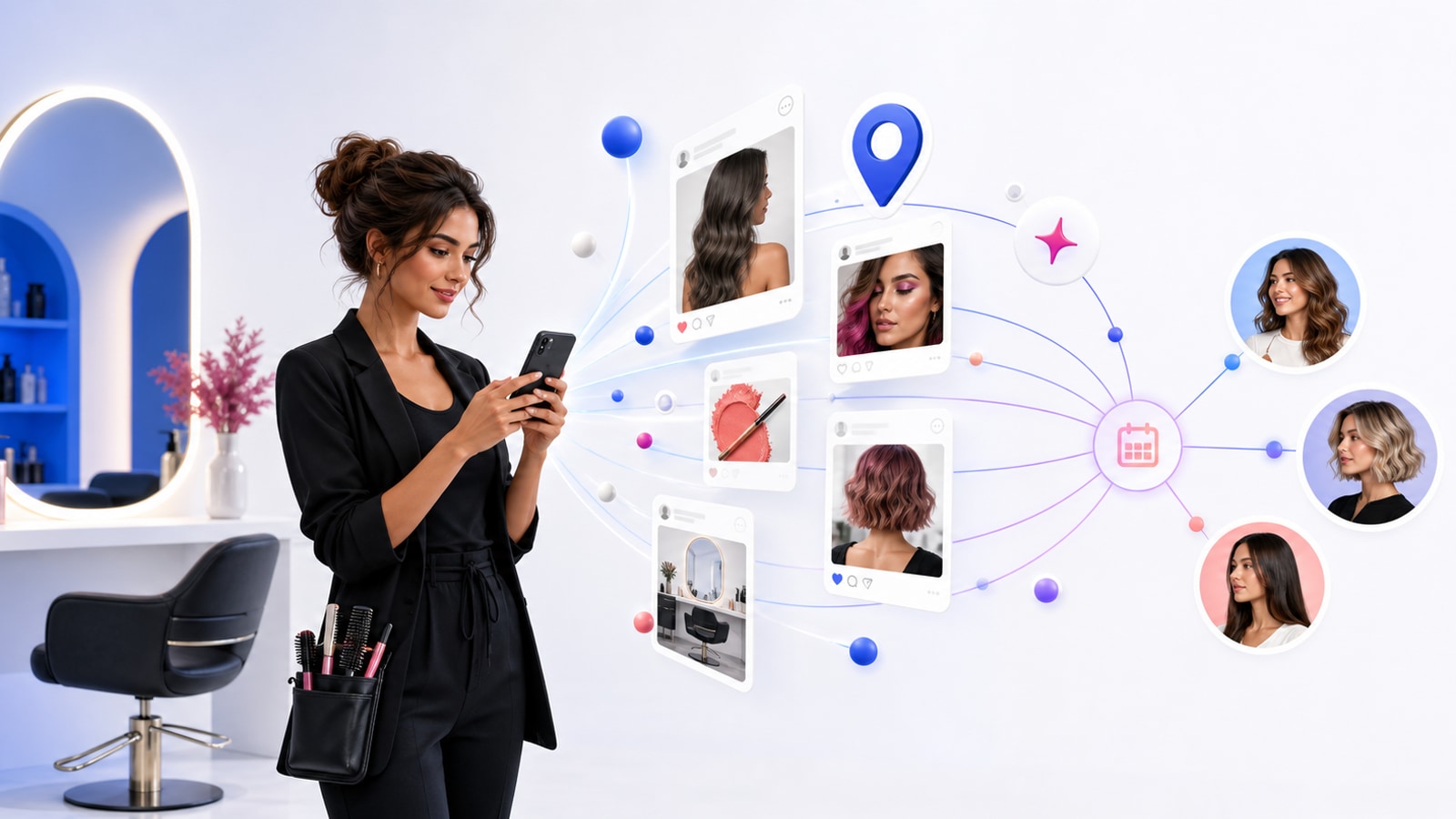 Profesional de belleza conectando contenido digital con nuevas reservas