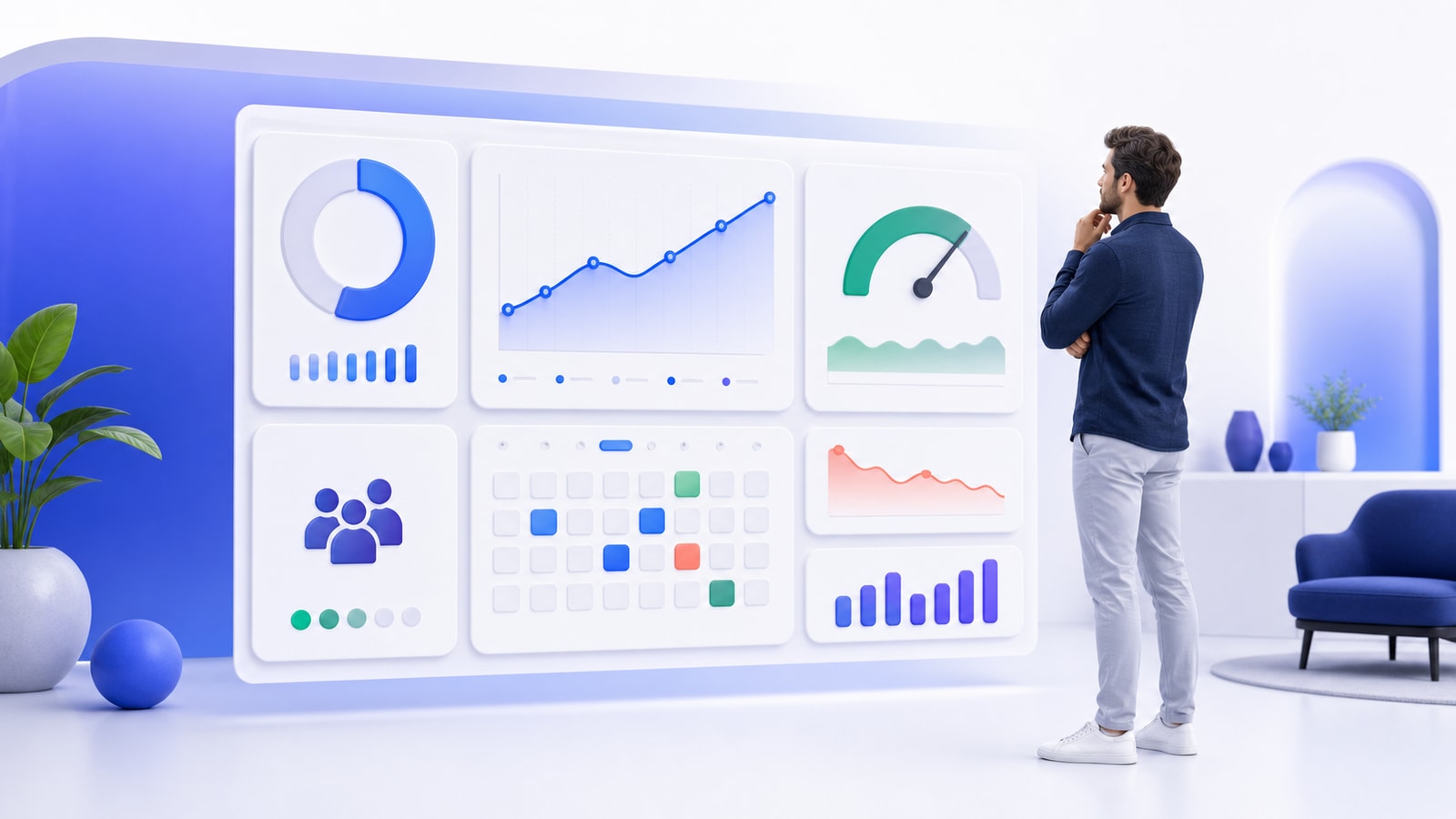 Dueño de negocio analizando ocupación, ingresos, clientes y productividad