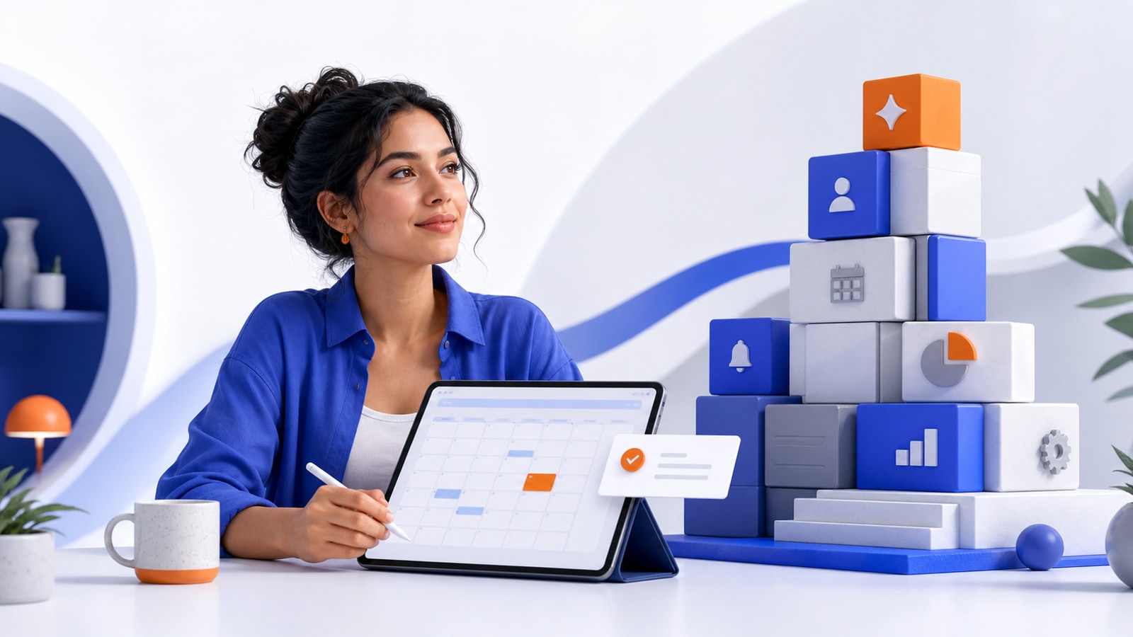 Emprendedora construyendo su negocio sobre una agenda digital organizada